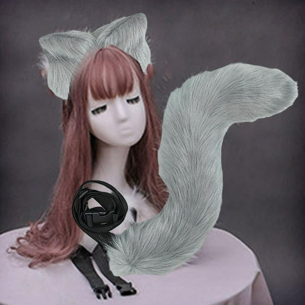Cola de orejas de zorro de Anime, Cosplay, accesorios, diadema peluda de peluche, disfraz de juguetes, sombreros de animales para adultos, regalos de Gris Hugo Traje de juego de cosplay