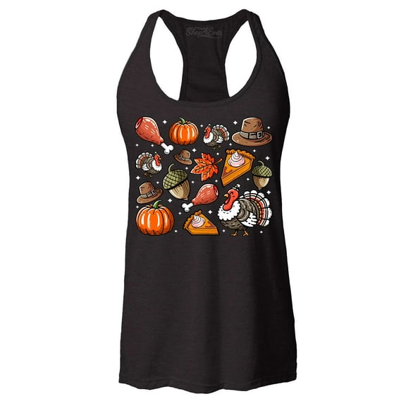 Shop4Ever Women's Thanksgiving Fall Collage Turkey Pilgrim Pumpkin Pie Racerback Tank Top X-Small Black