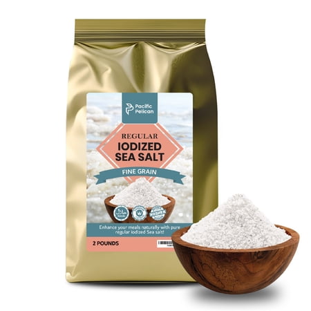 Pacific Pelican Iodized Sea Salt – 2 Pounds – Fine Grain – Unrefined Kosher, Natural Iodized, Ideal for Paleo, Keto, Vegan Diets - Pure Sea Salt for Cooking, Seasoning & Wellness
