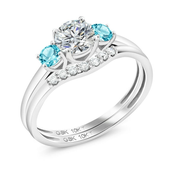 Gem Stone King 10K White Gold Lab Grown Diamond and Swiss Blue Topaz Bridal-Sets Ring for Women | 0.86 Cttw | Round 5MM | Gemstone April Birthstone | Size 8