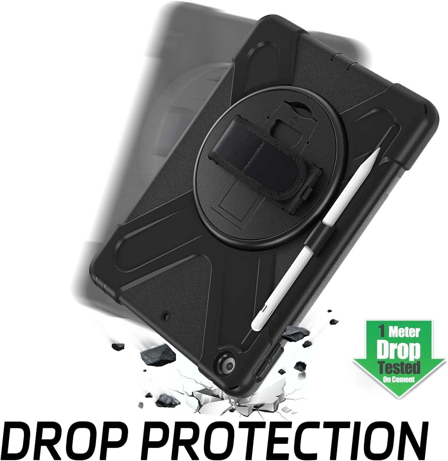 ZenRich Shockproof Case for iPad 9th/8th/7th Generation 10.2 inch 2021/2020/2019, Heavy Duty Rugged with Pencil Holder/360° Rotating Kickstand/Handle/Carrying Strap, Black