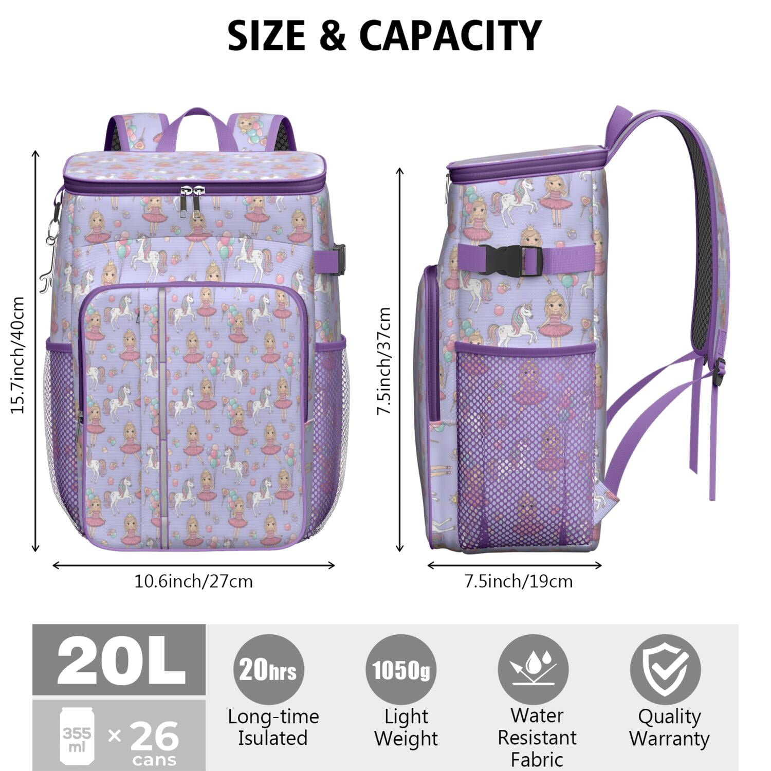 Travel Cooler Bag - Princess and Unicorn Pattern Camping Beer Cooler Backpack with Bottle Opener- Waterproof Insulated Picnic Backpacks - Cooler Bag for Beach