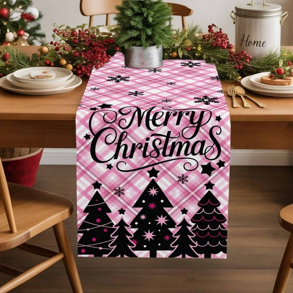 Table Runner 13x70in Inches Long, Merry Christmas Words on Pink PlaidLinen Washable Dresser Scarf Winter Black TreeKitchen Dinning Tablerunners for Holiday/Party/Wedding/Home Tables Decor