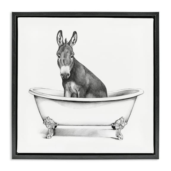 Stupell Industries Donkey in Bathtub Sketch Animals & Insects Drawing Black Floater Framed Canvas Art Print Wall Art, 18 x 18