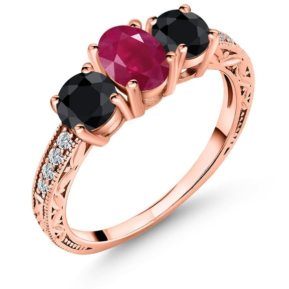 Gem Stone King 2.50 Ct Oval Red Ruby Black Sapphire 18K Rose Gold Plated Silver Ring (Size 5)