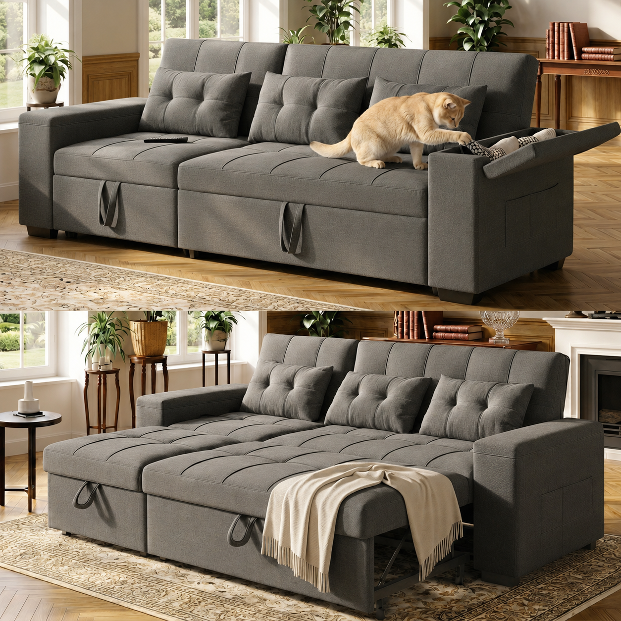 Noelse 87" Sectional Sleeper Sofa, Pull Out Couch with Adjustment Backrest, Convertible Sectional Couch Bed for Living Room, Guest Room, Dark Grey