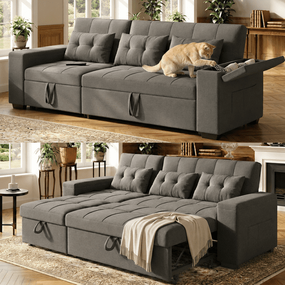 Noelse 87" Sectional Sleeper Sofa, Pull Out Couch with Adjustment Backrest, Convertible Sectional Couch Bed for Living Room, Guest Room, Dark Grey