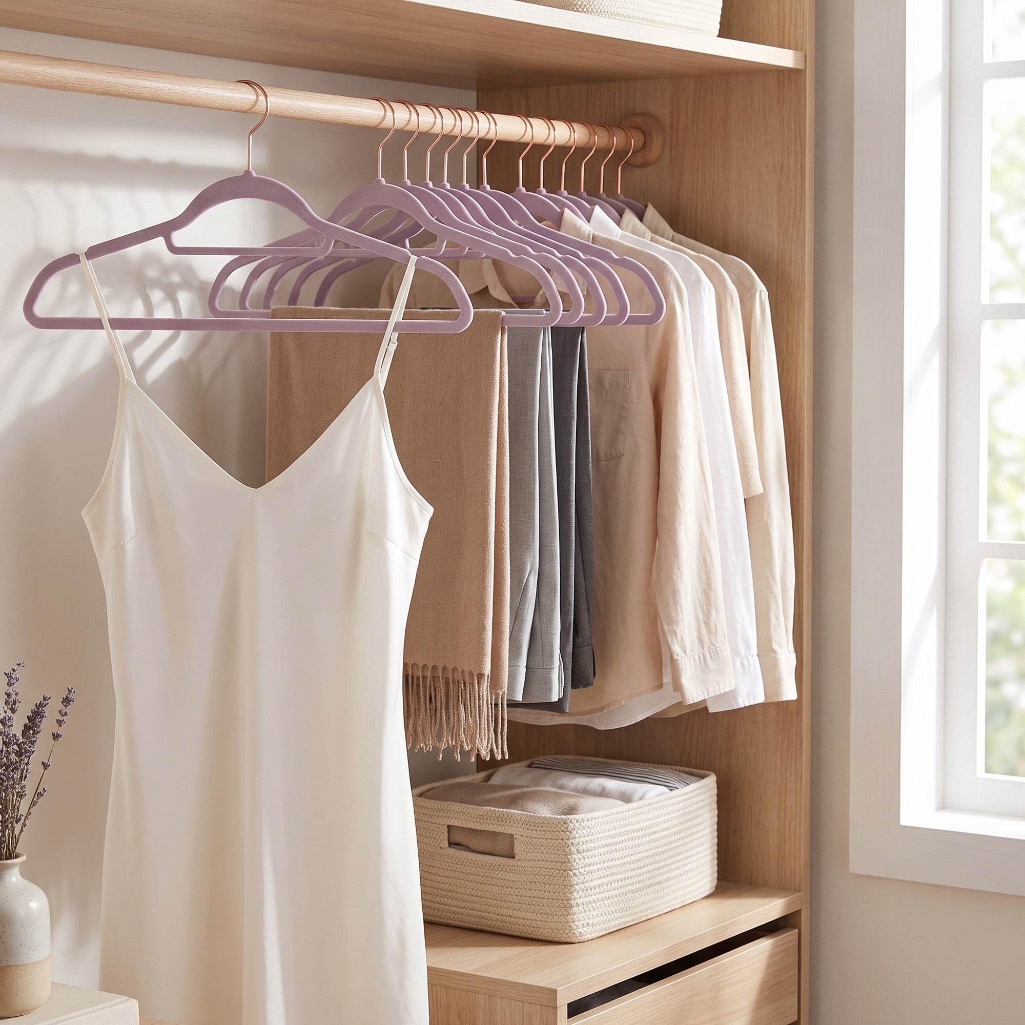 Ledrem 50-pack Velvet Hangers, Clothes Hangers with Swivel Hooks, Space-Saving, Lavender Purple