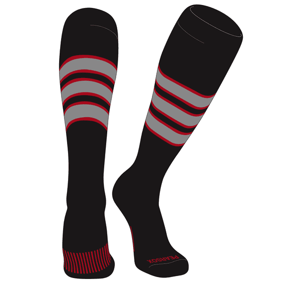 PEAR SOX Striped OTC Baseball, Softball, Football Socks (C) Black, Red, Silver (XS)
