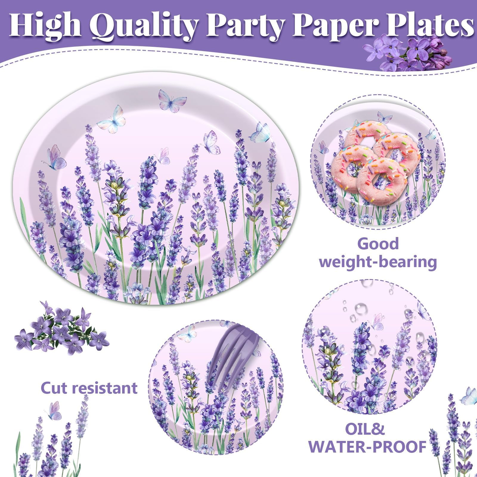 50Pcs Lavender Oval Paper Plates 11 AFN1Inch Summer Party Supplies Floral Butterfly Dessert Cake Disposable Dinnerware Plates Serving Tray for Picnic Wedding Birthday Party Supplies Decorations