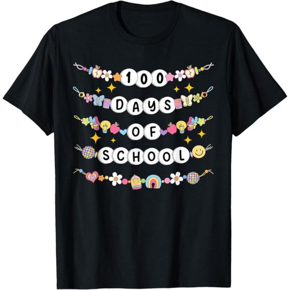 100 Days of School Friendship Bracelets 100 Days Smarter Kid T-Shirt, Back To School T-Shirt for Kids, Black, 180gsm, 100% Cotton