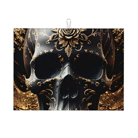 

Tebeau Gold Pattern Black Skull Print Dish Drying Mat for Kitchen Counter Dish Drying Pad with Non-slip Rubber Backed Hide Stain Anti Absorbent for Kitchen Counter Drying Mat
