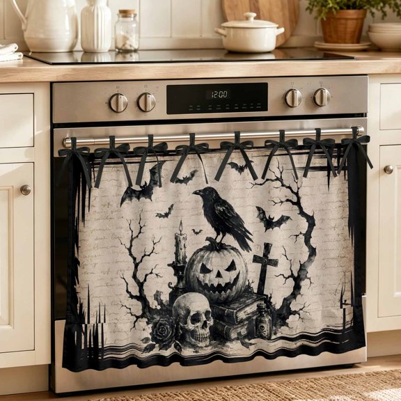 Halloween Oven Skirt for Farmhouse Kitchen Décor, Fall Spooky Skulls Pumpkins Black Crow Bats Beige Oven Curtain Tie Top Stove Skirt, Cabinet Dish Washer Curtains with 8 Ribbon Ties 32"x24"