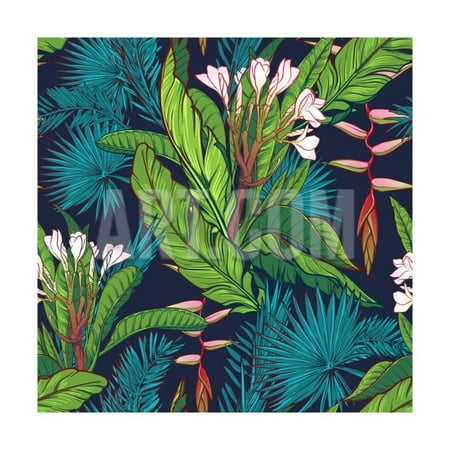Navy Blue Jungle - Tropical Jungle Seamless Pattern on Dark Blue Background Print Wall Art By Anton V Tokarev