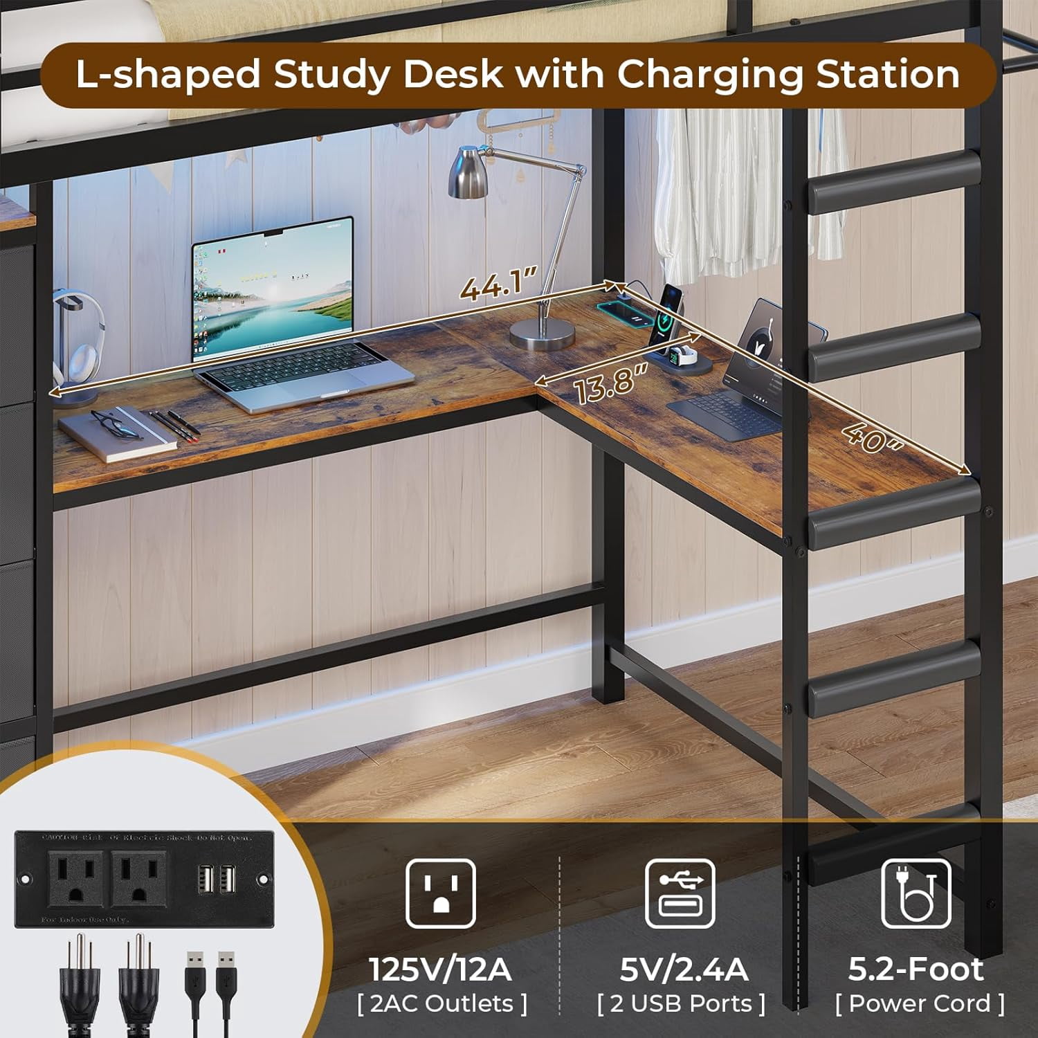 Mabor Loft Bed Twin Size with L-Shaped Desk & Charging Station Twin Metal Loft Bed with LED Lights & 7 Drawers & Clothes Rail for Bedroom, No Box Spring Needed, Black