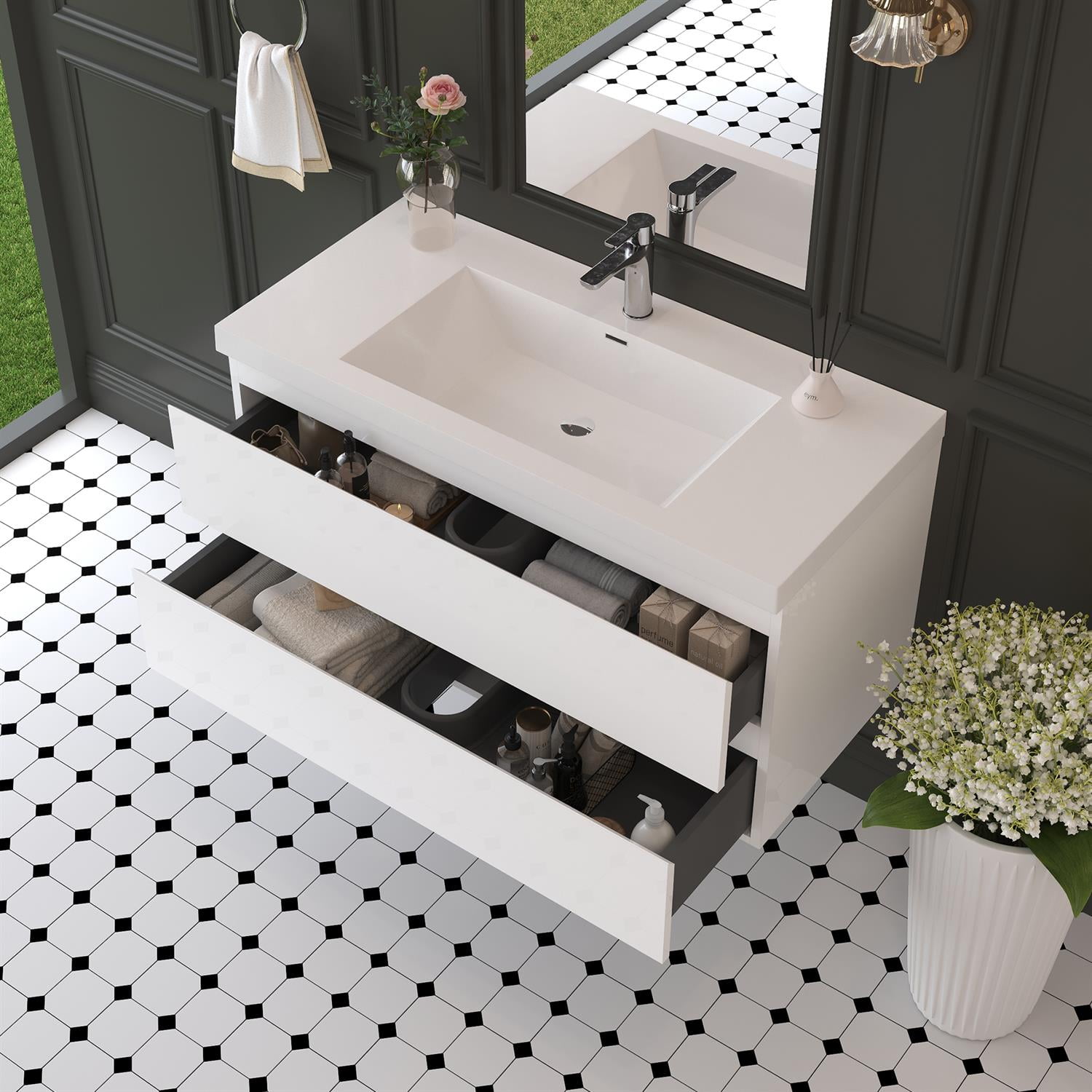 Demi Bonn 42" Floating Bathroom Vanity with Sink, Resin Top Basin and 2 Soft Close Drawers, Faucets and Drains Not Included, White