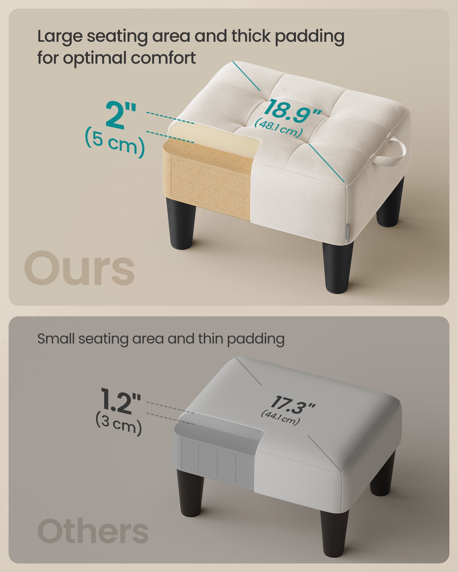Small Velvet Ottoman Foot Stool with Angled Legs, Thick Foam Cushion, Hidden Storage & Carry Handle, for Living Room, Bedroom, Entryway, Cream White