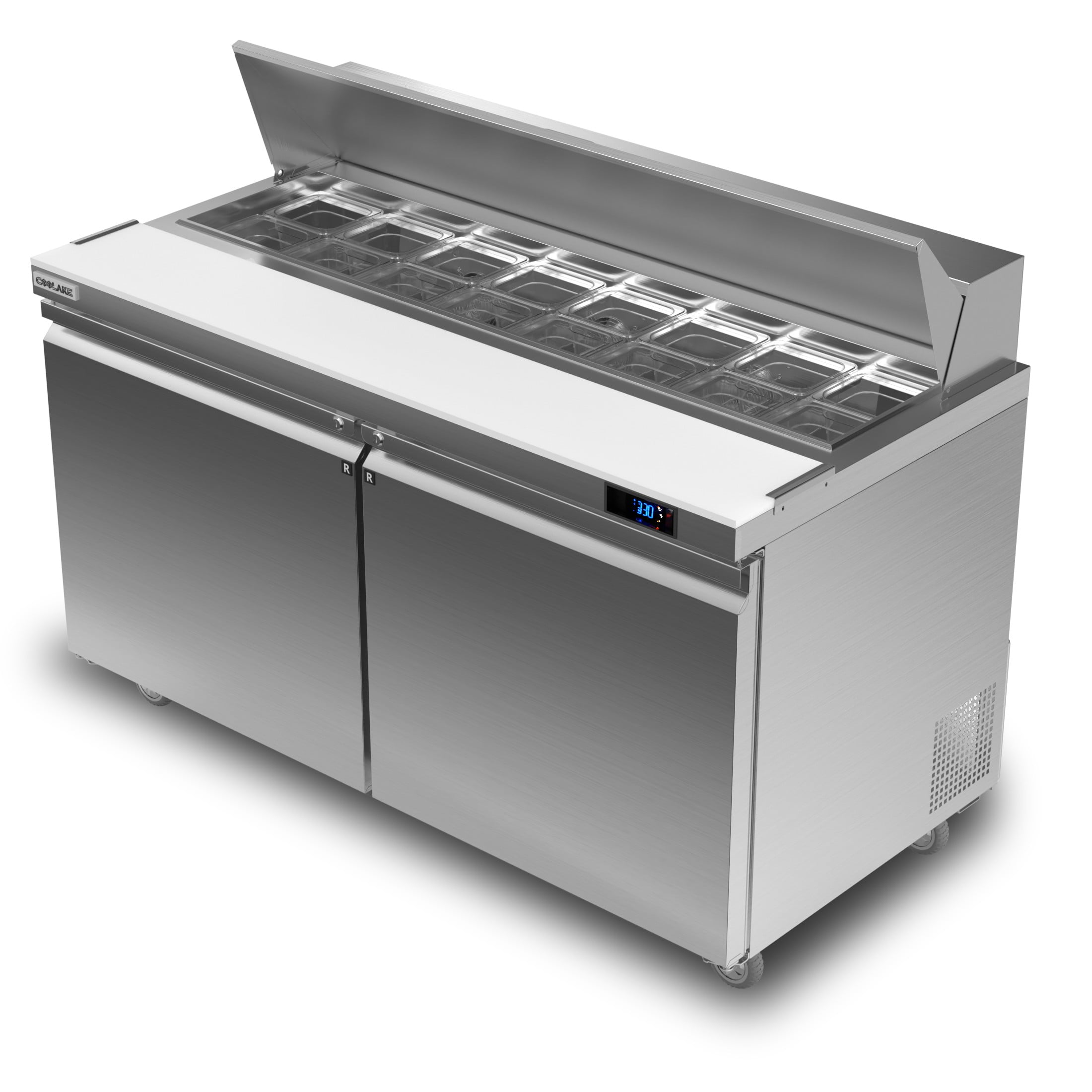 Coolake 60''W Commercial Salad Sandwich Prep Table Refrigerator, 2 Door Stainless Steel 18 Cu.ft Counter Fan Cooling Refrigerator