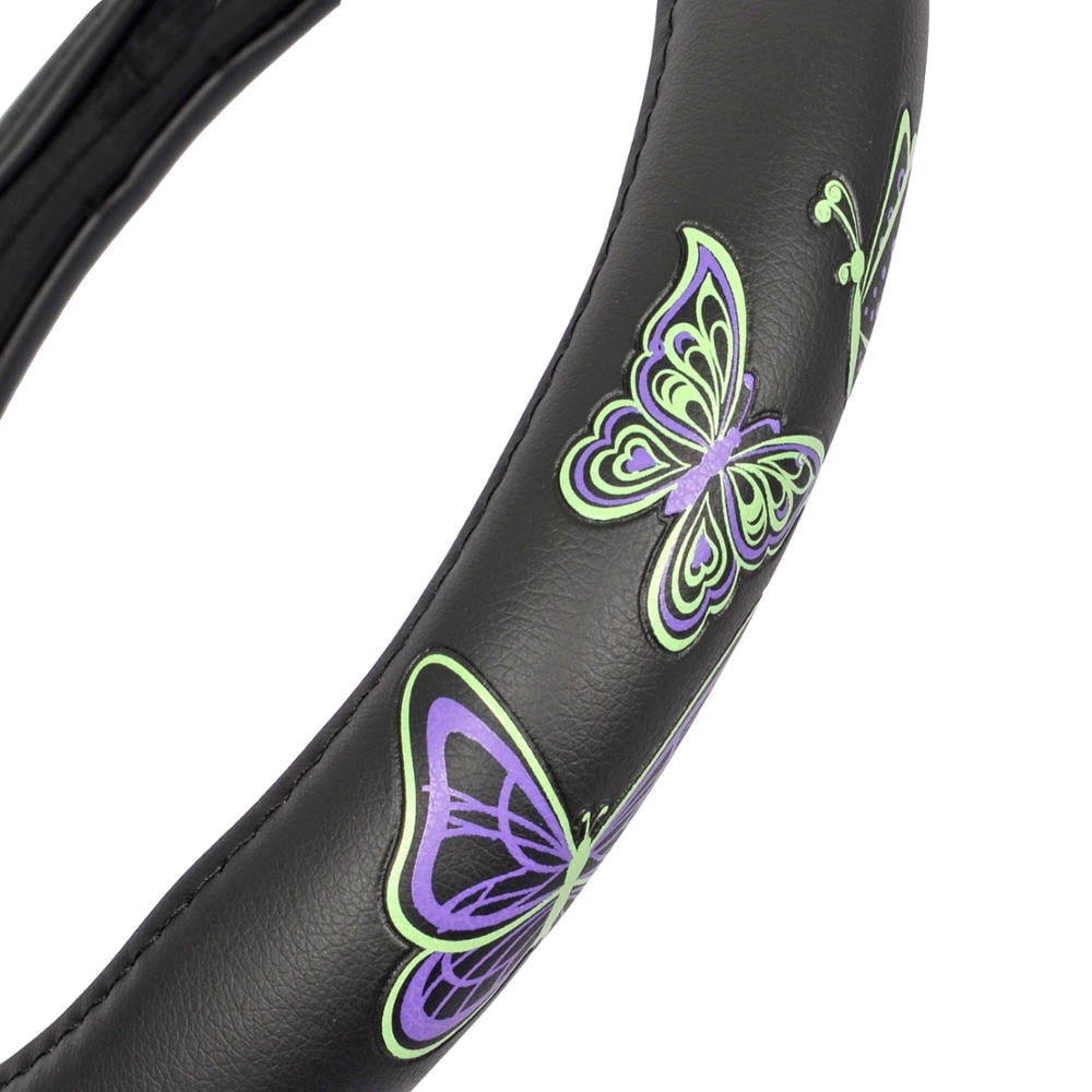 BDK GripGrab Comfort Grip - Purple & Green Butterflies on Black Synthetic Leather Steering Wheel Cover 15 inch