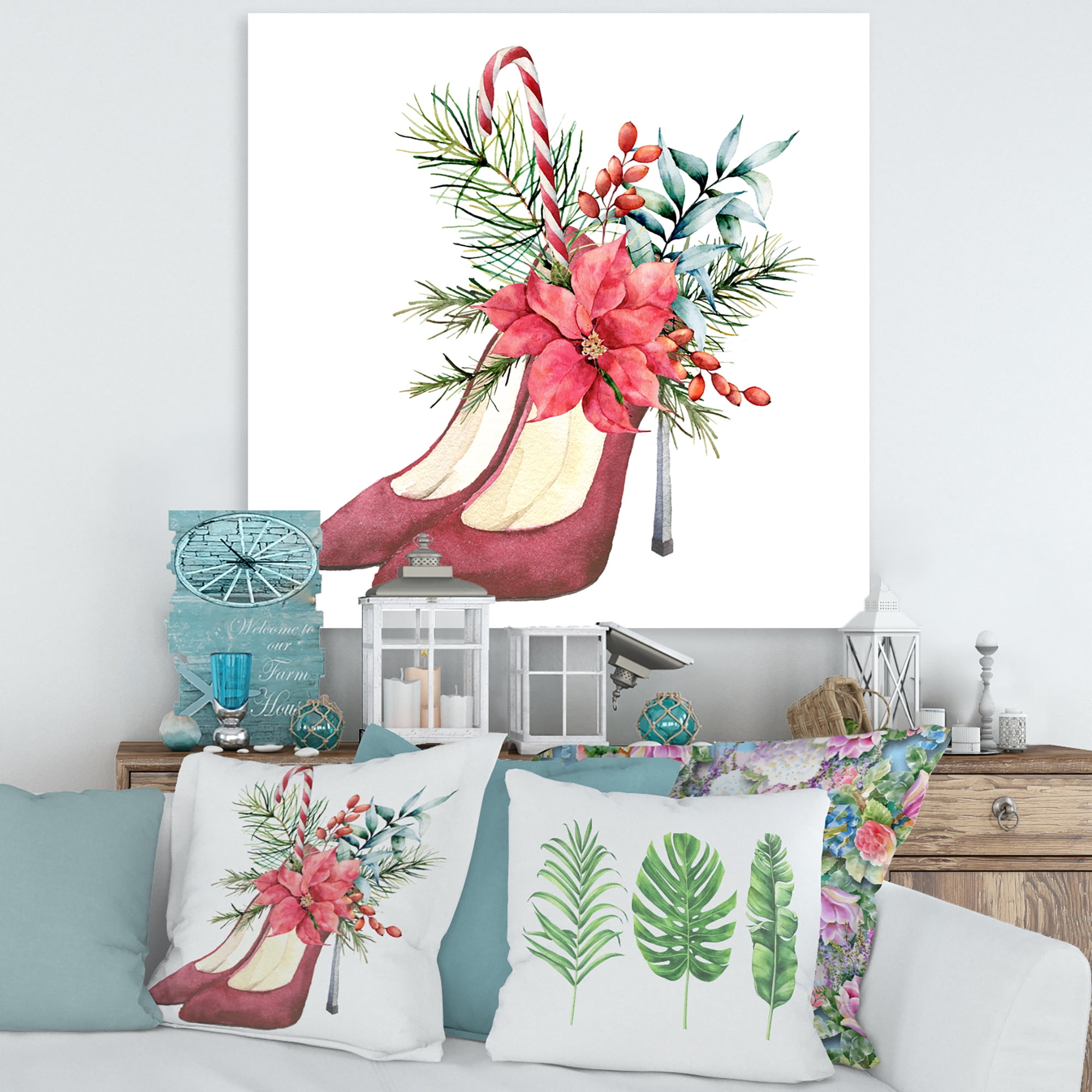 Designart ' Red Suede Heeled Shoes With Christmas Red Floral Decor ' Traditional Canvas Wall Art Print