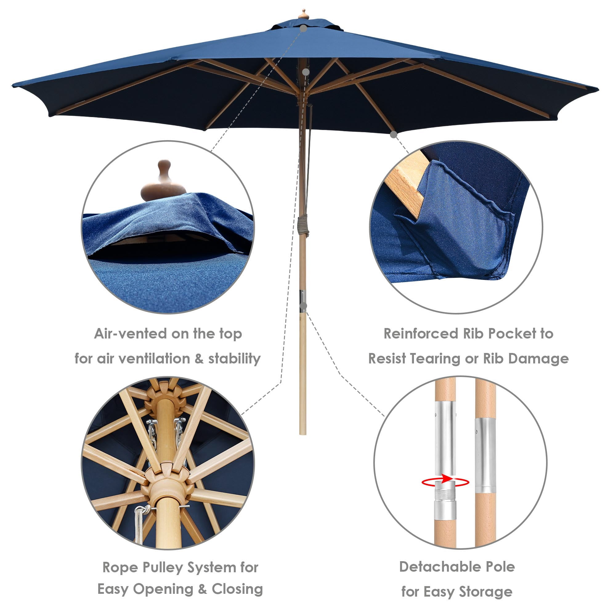 Yescom 13FT Large Outdoor Patio Umbrella UV30+ Wood 8 Rib Pole for Table Beach Yard Garden Wedding Deck Cafe Pool Navy