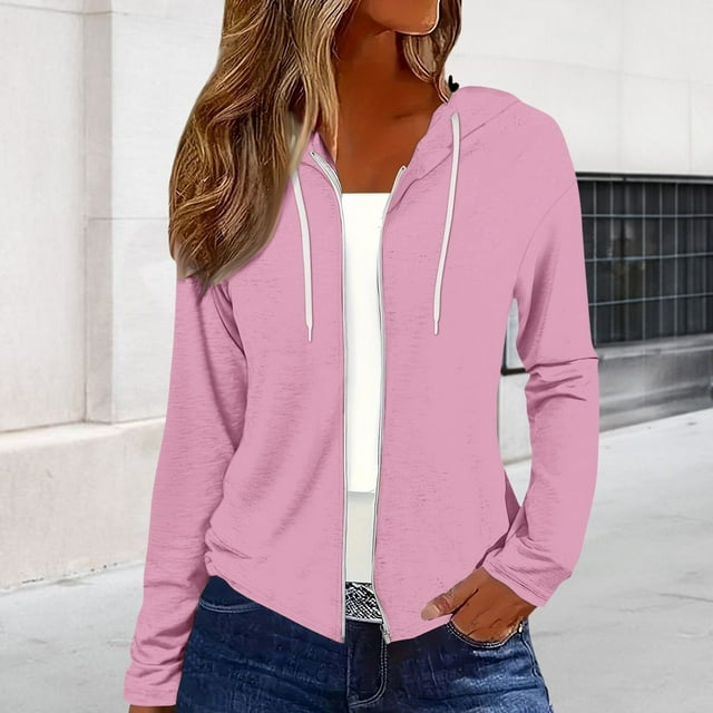 YLHFASHION Zip Up Jackets For Women 2025 Fall Basic Lightweight Sweatshirt Print Long Sleeve Shirts Drawstring Full Zip Hoodies Spring Savings Clearance Women's Long sleeve T-shirt