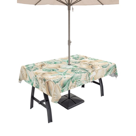 52x70 Inch Outdoor Tablecloth with Umbrella Hole Zipper Rectangle Teal Beige Coastal Rectangular Tablecloths Waterproof Summer Beachfish Conch Shell Ocean Patio Table Cloth Cover for Picnic Party