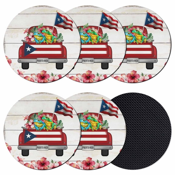 Puerto Rican Flag Coasters Set of 6, Absorbent Coasters for Drinks, Vintage Country Truck Flowers Wooden Grain Coaster for Desk Coffee Table Protection, Home Decor House Warming Gifts 4"