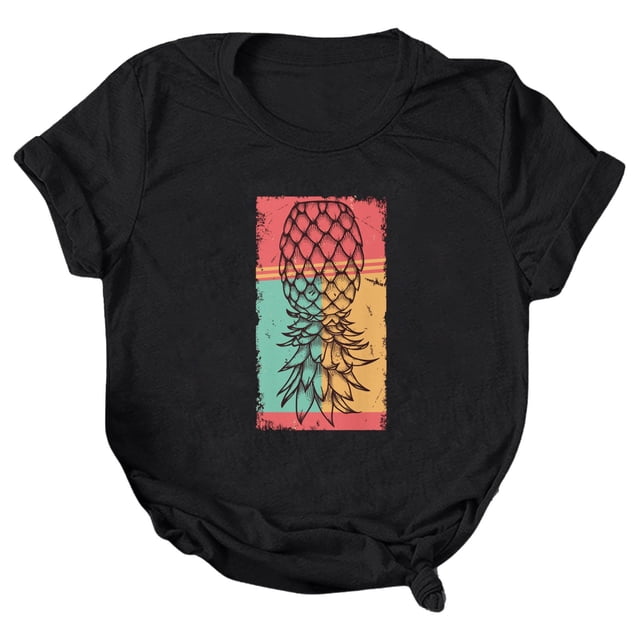 Gibobby Playera de Verano para Mujer Mujeres Casual Piña Impresión Mangas Cuello Redondo Camiseta Suelta Blusa Tops(Negro,G)