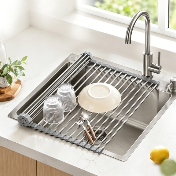 Roll Up Over The Sink Dish Drying Rack, 18.7''x13.77'' Foldable Stainless Steel Multipurpose Kitchen Drainer Storage Organizer Holder