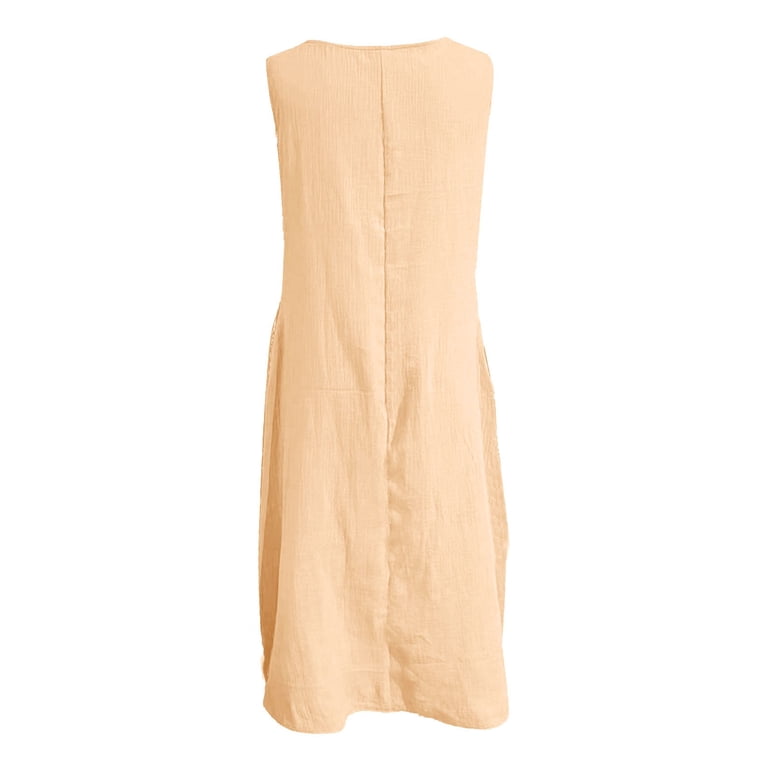 Dazajoo Cotton Linen Flowy Dress for Women Summer Sleeveless Crew-Neck Maxi  Dresses with Pockets Casual A-Line Sundress,Beige,S - Walmart.com