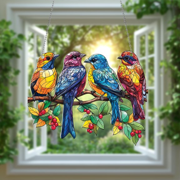Colorful Birds Suncatcher - Vibrant Window Hanging Ornament with Four Birds on a Branch for Home & Garden Décor, Handmade