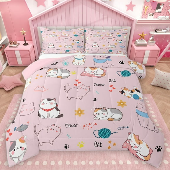 Homewish Pet Kitten Lover Bedding Comforter Set,Kawaii Cat Twin Comforter Sets,Puppy Dogs Paws Bedding Set For Teens,Microfiber Bedroom Decor Reversible,2pcs