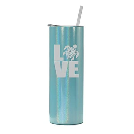 

20 oz Skinny Tall Tumbler Stainless Steel Vacuum Insulated Travel Mug Cup With Straw LOVE Sea Turtle (Light Blue Iridescent Glitter)
