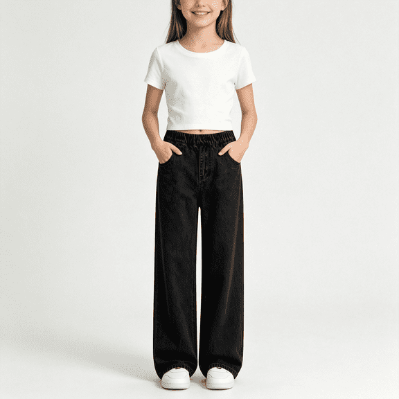 NEBWOAK Black Denim Pants for Girls, Wide Leg Elastic Waist Pull On Jeans,Size 11-12 T