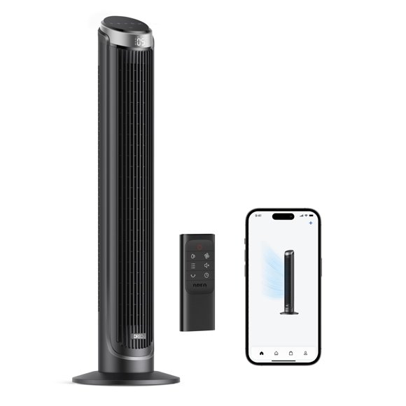 Dreo Ventilateurs Tour Intelligents pour Chambre, Ventilateurs Oscillants à 90° pour l'Intérieur, 5 Vitesses 4 Modes Max 26 Pieds/s, Minuterie 12 H, DEL avec Commande Tactile, R