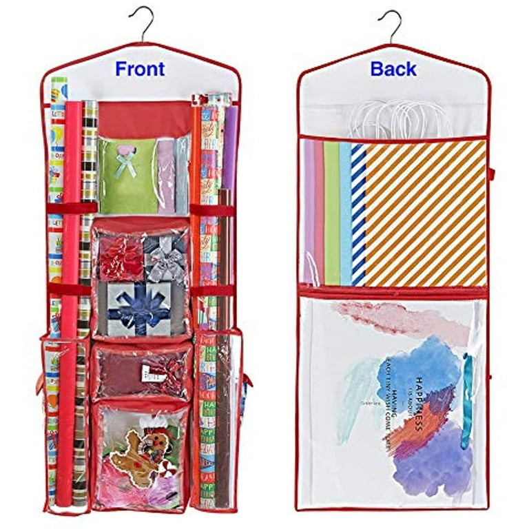 Primode Hanging Gift Wrapping Paper Storage Organizer Bag, Double Sided Multiple Front & Back Pockets Organize Your Gift Wrap, Gift Bags