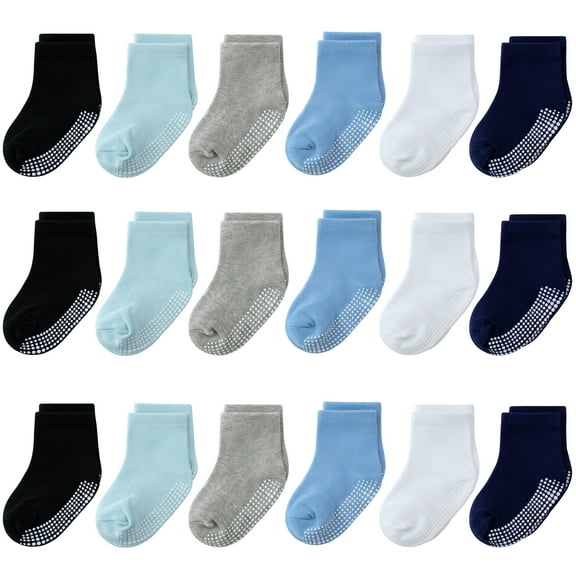 18 Pairs Toddler Crew Socks Non Slip Kids Cotton Socks with Grippers for Baby Infants Boys Girls