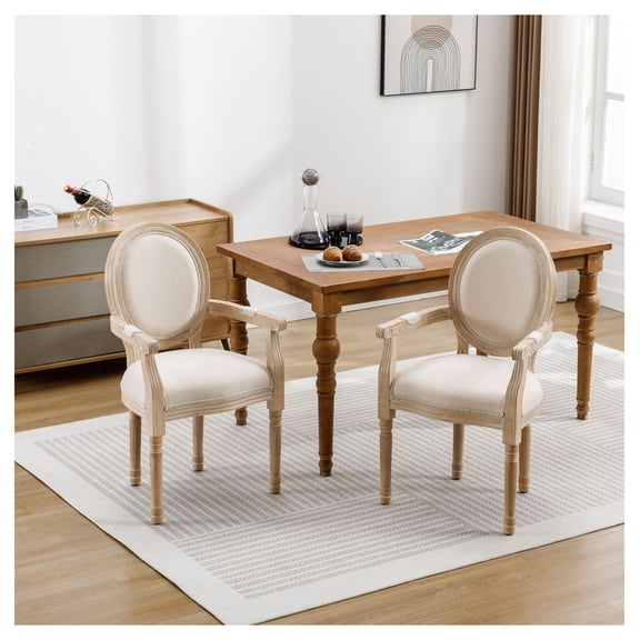French Dining Chairs Set of 2, Cream Solid Wood Kitchen Chairs, Vintage Style Armchair for Dining Room, Living Room, Upholstered Seat