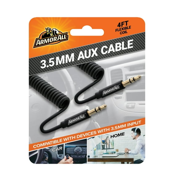 Armor All 4ft 3.5mm Flexible Coil Auxiliary Cable, Connect Devices to Car Audio