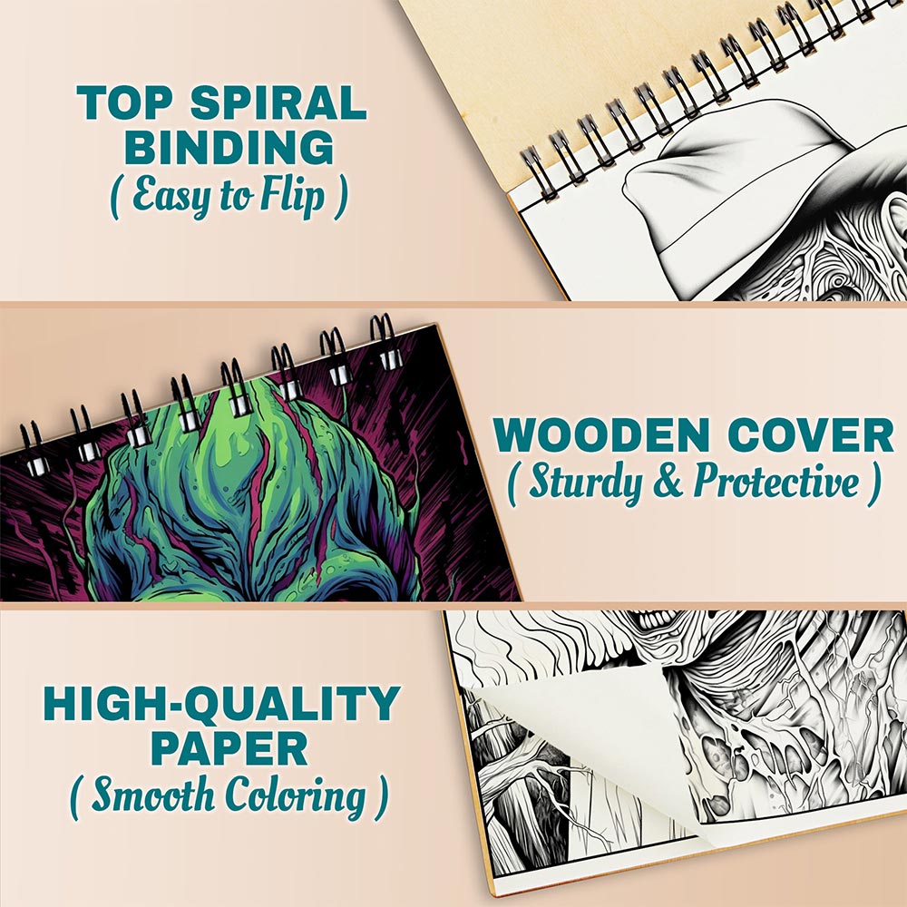 Netecom Horror Freak Coloring Book Spiral Bound For Adults, A5 Wooden Cover, 30 Macabre Coloring Pages of Haunted Scenes for Stress Relief and Relaxation