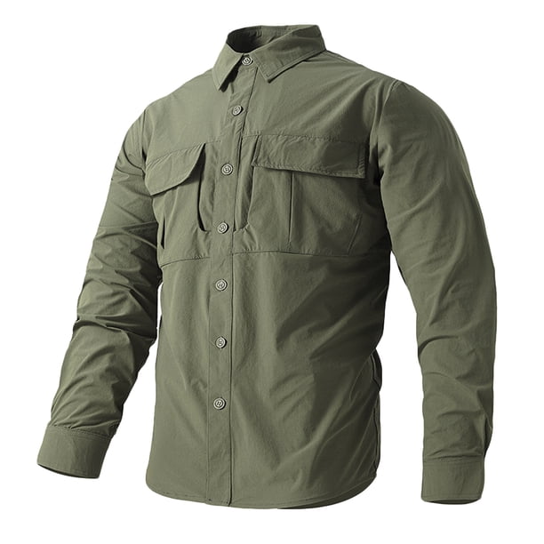 Blusa y camisa de manga larga con cuello vuelto para hombre, lisa, con múltiples bolsillos, cuello vuelto, botones de secado, ropa de trabajo, blusa para hombre