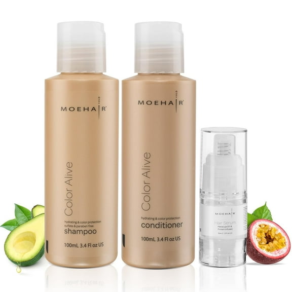 Moehair Trio Travel Pack | Moehair Color Alive Shampoo & Conditioner Set (3.4 Fl. Oz) with Hair Serum (0.5 Fl. Oz) | Color-Protect Haircare Set