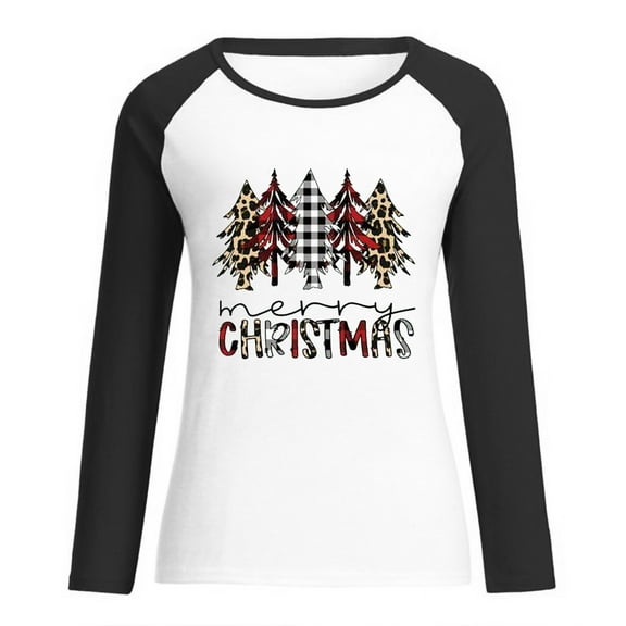 Lyinloo Womens Christmas Shirt Holiday Season-Gift For Lover Long Sleeve T-Shirt Ladies Fit Color Matching Stitching T-Shirt