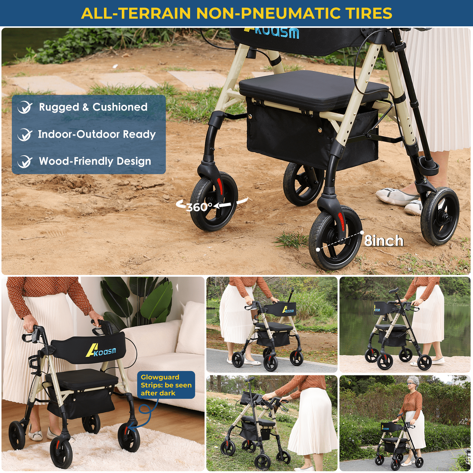 Foldable Rollator Walker with Seat for Seniors - Lightweight Rolling Walkers with Brakes, 300 lb Capacity, 8" All-Terrain Wheels, Adjustable Handles and Seat Height & Removable Storage Bag, Champagne