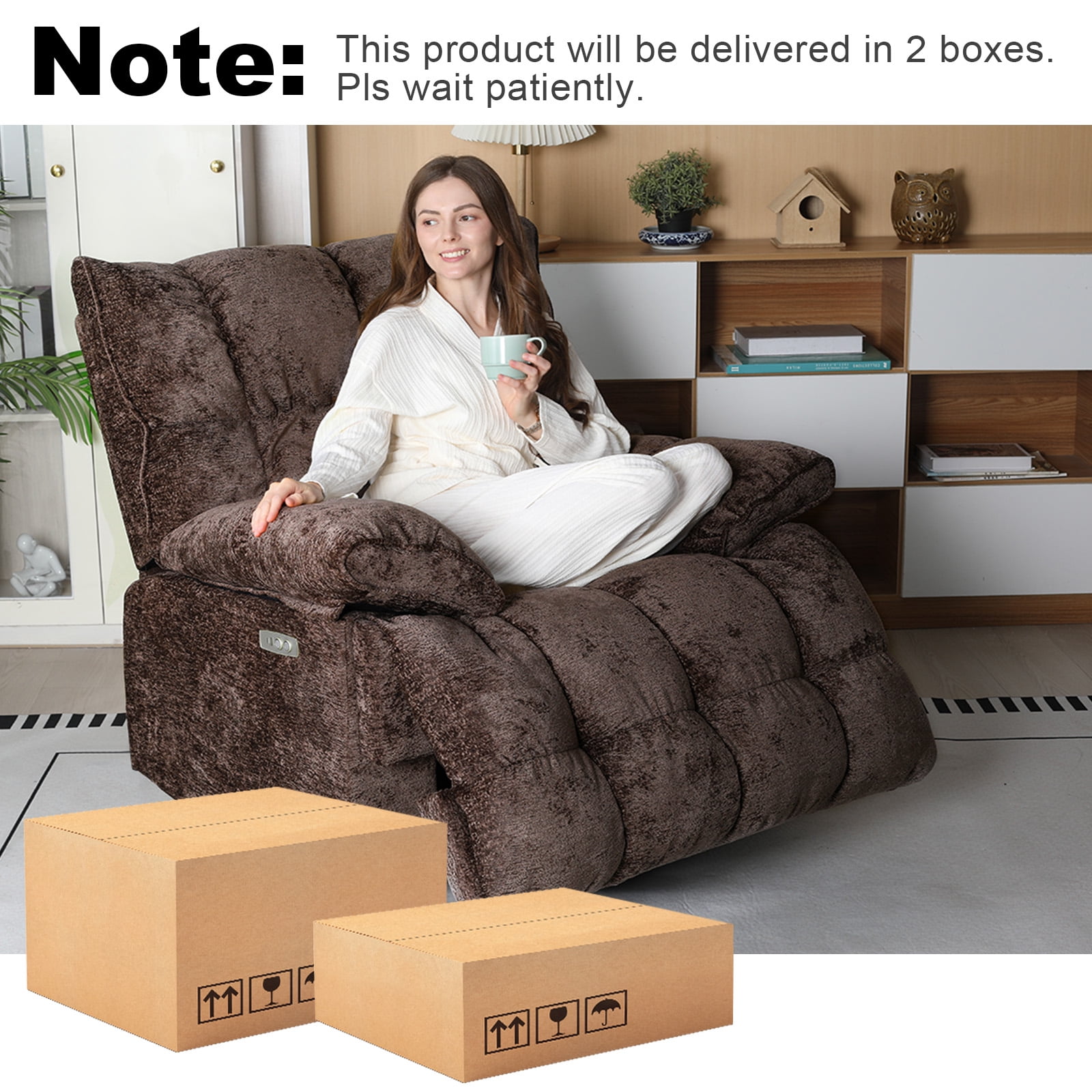 Pmango Power Oversized Recliner Chair, Extra Wide Swivel Rocking Recliner Chair, Breathable Soft Fabric Modern Single Sofa for Living Room, 90°-140° Electric Recline, USB & Type-C Port, Brown