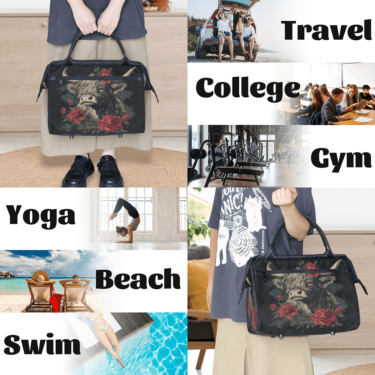 Herdesigns Funny Weekender Travel Duffel Bag Cow Carry On Overnight Gym Hospital Bag Personal Item Travel Bag