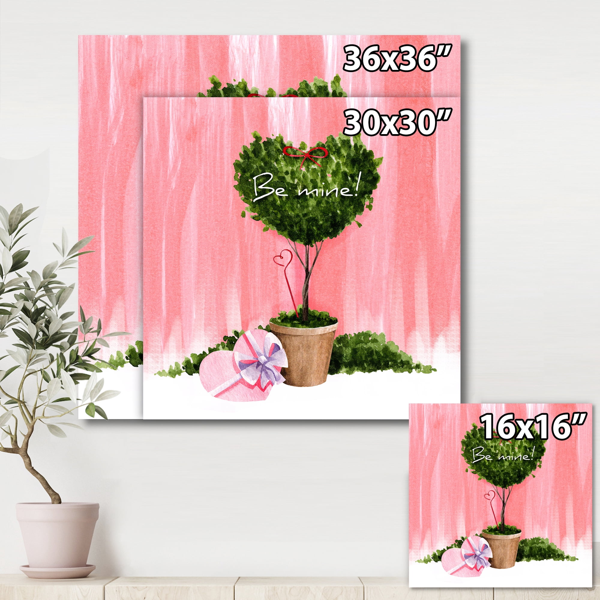 Designart ' Be Mine Heart Shaped Valentine House Plant ' Farmhouse Canvas Wall Art Print