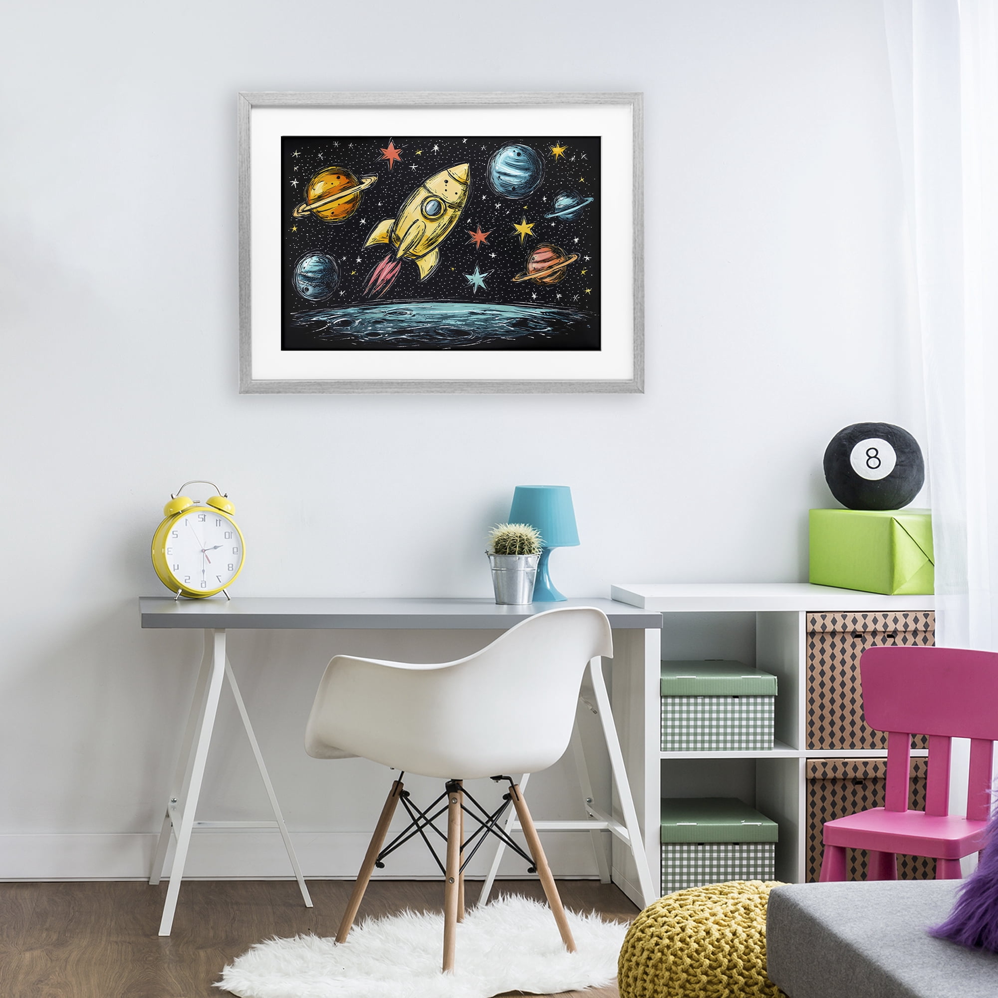 Stupell Industries Whimsical Rocket & Planets Gray Framed Print Under Glass, design by Creative Studio