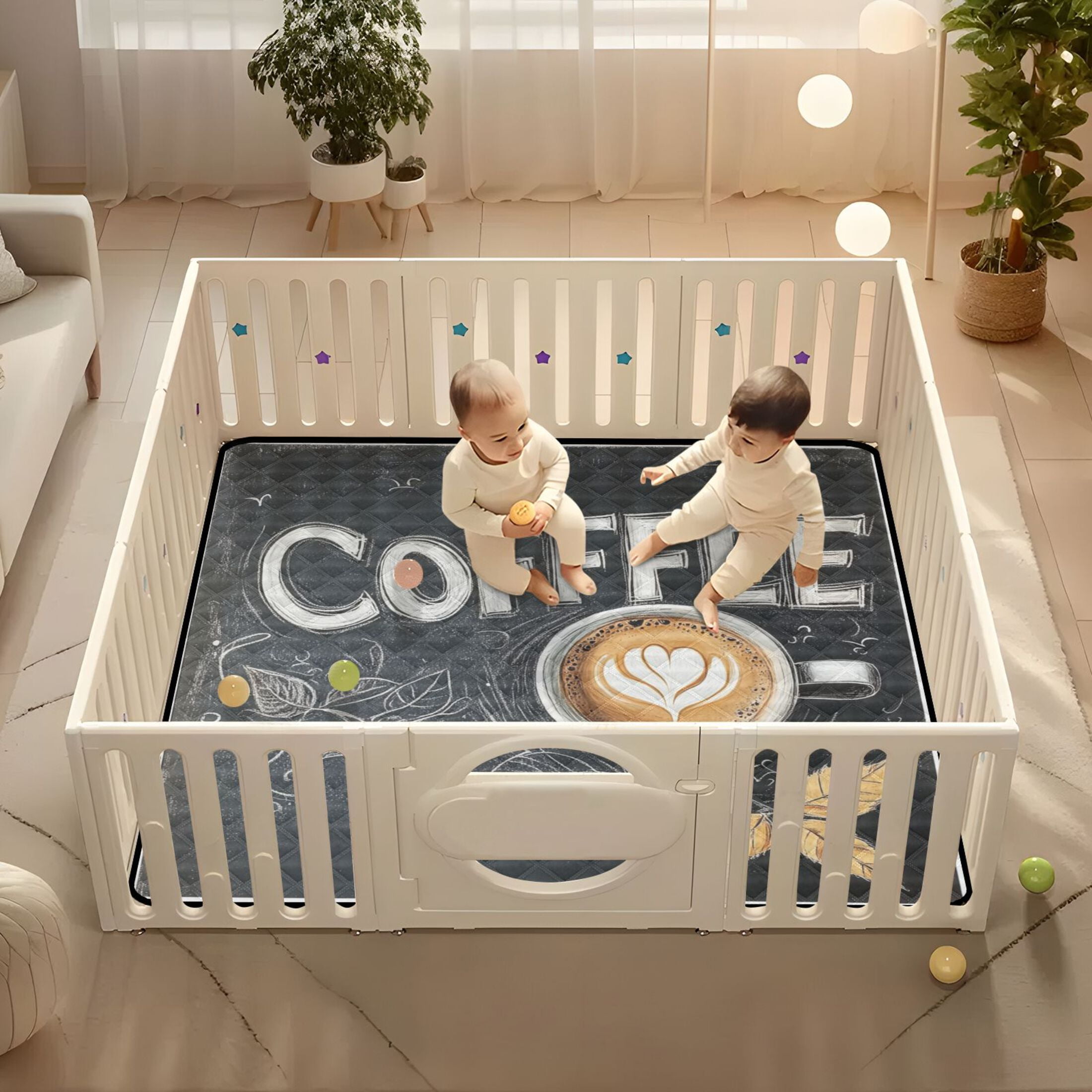 WOBOGO Coffee Time Baby Playmats Extra Large Waterproof Rollable Activity Pads for Toddlers 50×50inch